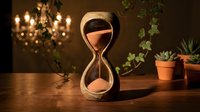 Wooden hourglass with pink sand on rustic table with plants and chandelier creating warm atmospheric lighting for time management concepts.