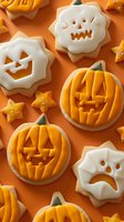 Halloween decorated sugar cookies with pumpkin and ghost faces on orange background for autumn baking and seasonal treats.