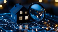 Miniature house model and magnifying glass on circuit board with glowing bokeh lights, representing smart home technology and real estate market analysis.