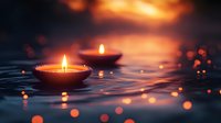 Floating oil lamps with warm flames create peaceful ambiance on rippling water surface with golden bokeh lights for meditation and spiritual practices.