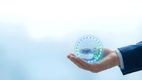 Businessman hand holding glowing digital globe with network connections, representing global business, technology, and worldwide communication for corporate concepts.