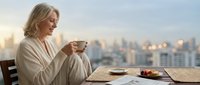 Mature Caucasian woman enjoying morning coffee on balcony with city skyline view, peaceful breakfast moment, urban lifestyle, retirement relaxation concept.