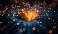 Magical explosion of golden light rays and glowing particles against dark blue background creates dramatic cosmic effect for festive designs.