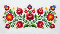 Traditional folk art embroidery pattern with red roses and colorful flowers on white background for textile design and cultural decoration projects.