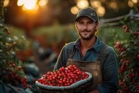 Smiling farmer holding fresh harvested organic cherries in basket during sunset. Golden hour lighting creates warm atmosphere in cherry orchard garden.