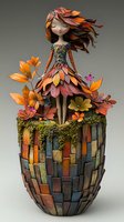 Whimsical autumn fairy sculpture with leaf dress standing atop mosaic vase adorned with fall foliage and tiny pink flowers, artistic fantasy decoration piece.