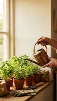 Senior hands watering fresh herb plants with copper watering can on sunny windowsill. Indoor gardening and plant care at home.