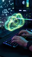 Hands typing on keyboard with glowing green cloud computing hologram above, representing digital transformation and data storage technology solutions.