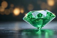Brilliant emerald green diamond gemstone on dark reflective surface with soft bokeh lights background, showcasing luxury jewelry and precious stone craftsmanship.