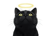Black cat with golden halo and yellow eyes looking upward, isolated on white background. Suitable for greeting cards, pet-related designs, and humorous artwork.