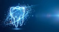 Digital tooth hologram with glowing particles and network connections on blue background for dental technology and healthcare innovation concepts.