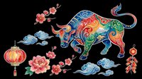 Colorful decorative bull with ornamental flowers, clouds, lanterns, and traditional Asian design elements isolated on transparent background for t-shirt, clipart, and print-on-demand projects.
