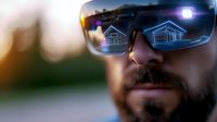 Futuristic smart glasses displaying holographic house blueprints reflected on lens surface, close up of bearded man wearing augmented reality eyewear at sunset.