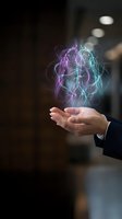 Businessperson holding glowing neon brain with purple and cyan neural pathways, representing artificial intelligence, innovation, and digital technology concepts for business and tech applications.