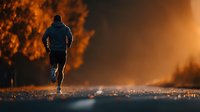 Male runner silhouette jogging on road during dramatic sunset with warm orange sky and atmospheric lighting for fitness and wellness concepts.