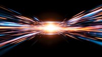 Dynamic light trails converge to bright center point against dark background, creating futuristic speed effect with orange and blue streaks radiating outward in symmetrical pattern.