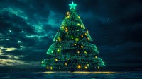 Illuminated Christmas tree with glowing green star on top against dramatic night sky with stormy clouds, creating magical holiday atmosphere.