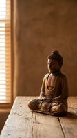 Wooden Buddha statue in meditation pose on rustic table near window with warm natural light creating peaceful zen atmosphere for mindfulness practice.