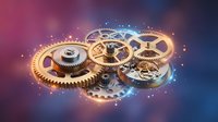 Golden mechanical gears and clockwork components floating with glowing light effects on colorful gradient background for technology concepts.