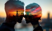 Double exposure silhouette of romantic couple about to kiss against urban cityscape with dramatic sunset sky and colorful clouds. Perfect for relationship themes.