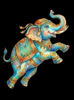Colorful decorated elephant with ornate gold patterns, isolated on transparent background, ready for t-shirts, stickers, sublimation, and print on demand.