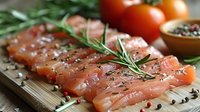Fresh raw salmon fillet with rosemary sprigs, peppercorns, and cherry tomatoes on wooden cutting board, close up view of seafood preparation.