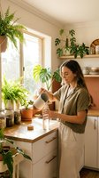 Young woman watering houseplants in bright modern kitchen with natural light. Indoor gardening and plant care routine in cozy home interior with greenery.