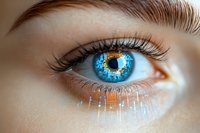 Close-up of human eye with digital technology reflection showing circuit patterns and futuristic interface in blue iris, representing artificial intelligence.