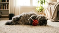 Fluffy gray cat lying on carpet playing with a red gift bow in a cozy living room, capturing a festive and playful holiday moment.