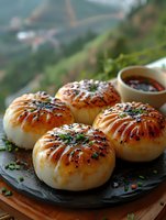 Golden grilled dumplings with sesame seeds and herbs served on slate plate with dipping sauce against blurred mountain landscape background for culinary content.
