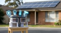 Modern smart home model with IoT icons displayed outdoors, showcasing renewable energy technology and automated residential systems for sustainable living.