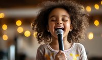 Young African American girl with curly hair singing into microphone, expressing joy and passion against warm bokeh lights background. For music, entertainment use.