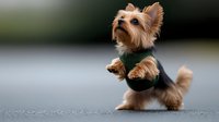 Yorkshire terrier puppy in green sweater standing on hind legs outdoors with blurred background, playful pose showing training and obedience.