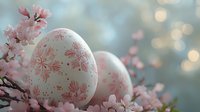 Delicate Easter eggs decorated with pink floral patterns alongside blooming cherry blossoms against soft bokeh background, creating romantic spring atmosphere.