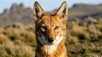 Wild coyote portrait in natural desert habitat with golden sunlight illuminating fur and alert expression against blurred mountain landscape background.