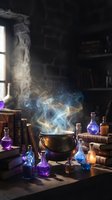 Magical alchemy laboratory with glowing cauldron and colorful potions in bottles on wooden table in medieval stone chamber with mystical blue smoke.