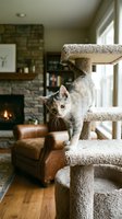 Gray and white tabby cat climbing on multi-level carpeted cat tree in modern living room with fireplace, leather furniture, and natural light from windows.