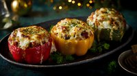 Colorful bell peppers stuffed with savory rice and meat mixture, topped with melted cheese and herbs, served on dark plate with festive holiday lights in background.