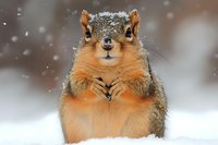 Adorable squirrel sitting in snow with snowflakes falling, winter wildlife scene with fluffy fur and alert expression for nature photography and seasonal content.