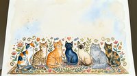 Watercolor cats sitting in row with decorative floral border on textured paper background for greeting cards, wall art and home decor projects.