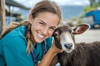 Young female veterinarian with blonde hair in braids, wearing teal scrubs, smiling while posing with a brown and gray goat at a farm facility for veterinary care and animal husbandry content.