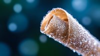 Frozen autumn leaf covered in frost crystals with sparkling ice droplets against soft blue bokeh background creating winter nature scene.
