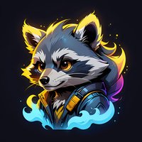 Stylized raccoon character with glowing yellow aura and blue mystic elements wearing headphones against dark background, for gaming mascot or stream design.