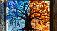 Stained glass window featuring tree with blue and orange foliage in contrasting seasonal colors, decorative art piece for interior design and home decor.