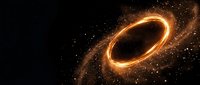 Glowing orange cosmic ring with swirling particles and stardust against deep space background for astronomy and science fiction projects.
