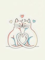 Two adorable cats sitting together with tails forming heart shape, surrounded by floating hearts on neutral background for romantic designs.