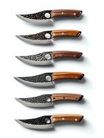 Handcrafted hunting knives with hammered steel blades and wooden handles arranged in descending size order on white background for outdoor enthusiasts and collectors.