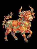 Ornate decorative bull with vibrant red, gold, and turquoise patterns, isolated on transparent background. Ready for t-shirt design, clipart, stickers, sublimation, and print-on-demand products.