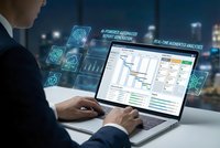 Businessman using laptop with AI-powered automated report generation and real-time analytics dashboard for business intelligence and data analysis.