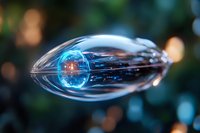 Futuristic oval glass capsule with glowing blue core floating in dark space, creating ethereal reflections against blurred bokeh background lights.